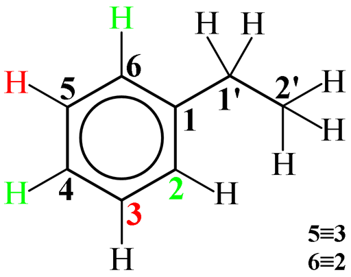 Structure of ethylbenzene showing couplings